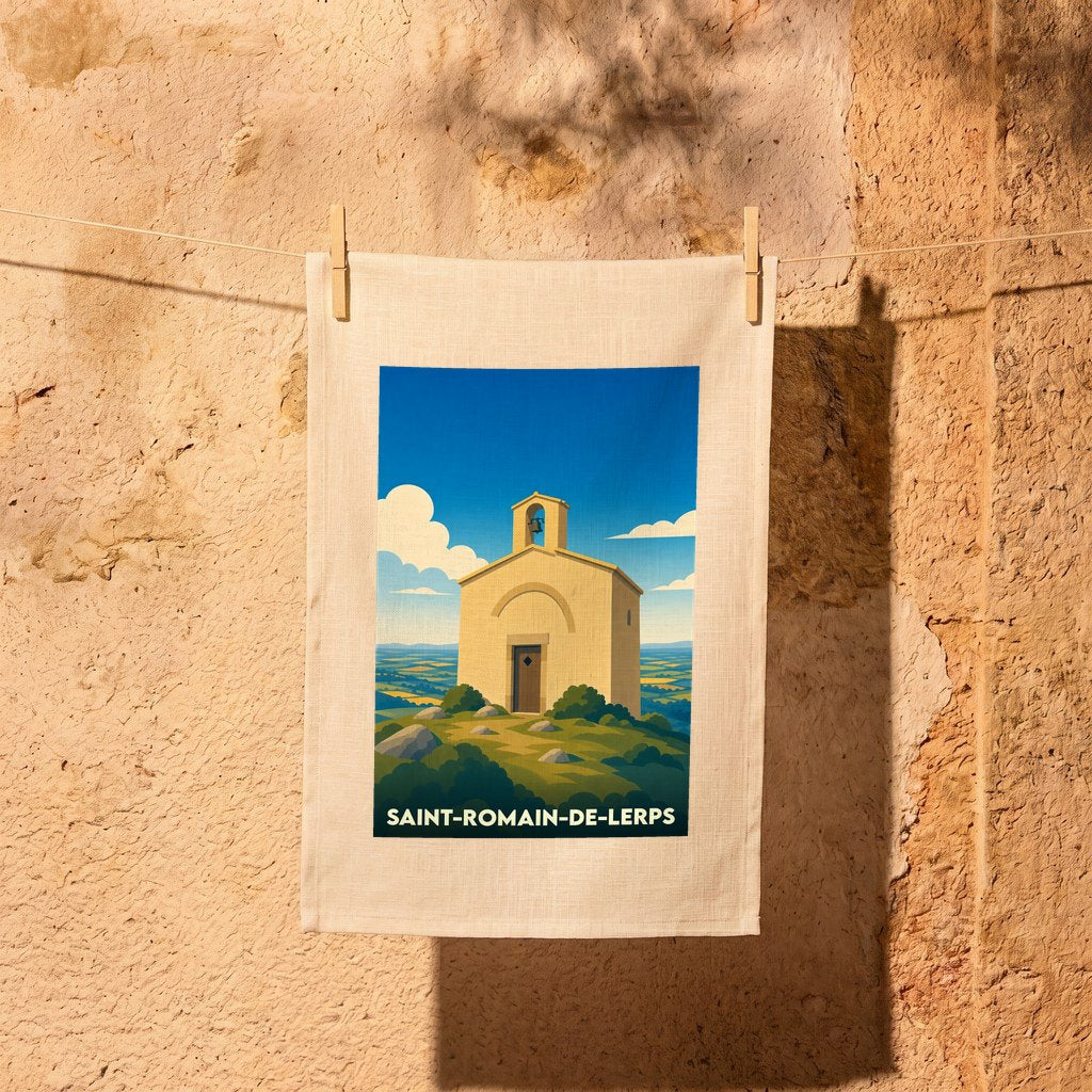 Torchon souvenir de la ville de Saint-Romain-de-Lerps illustré d'une petite église sur une colline.