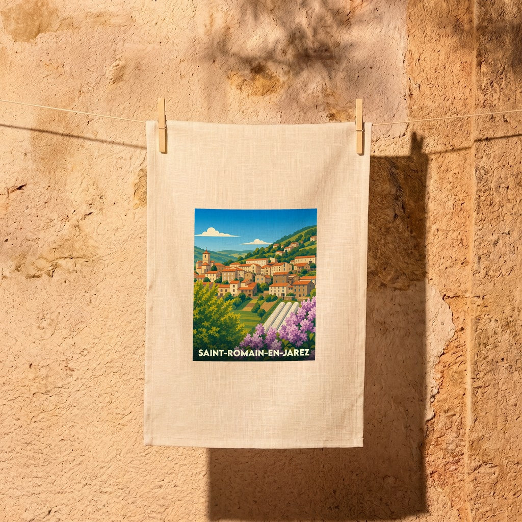 Torchon souvenir de la ville de Saint-Romain-en-Jarez avec une illustration stylisée.