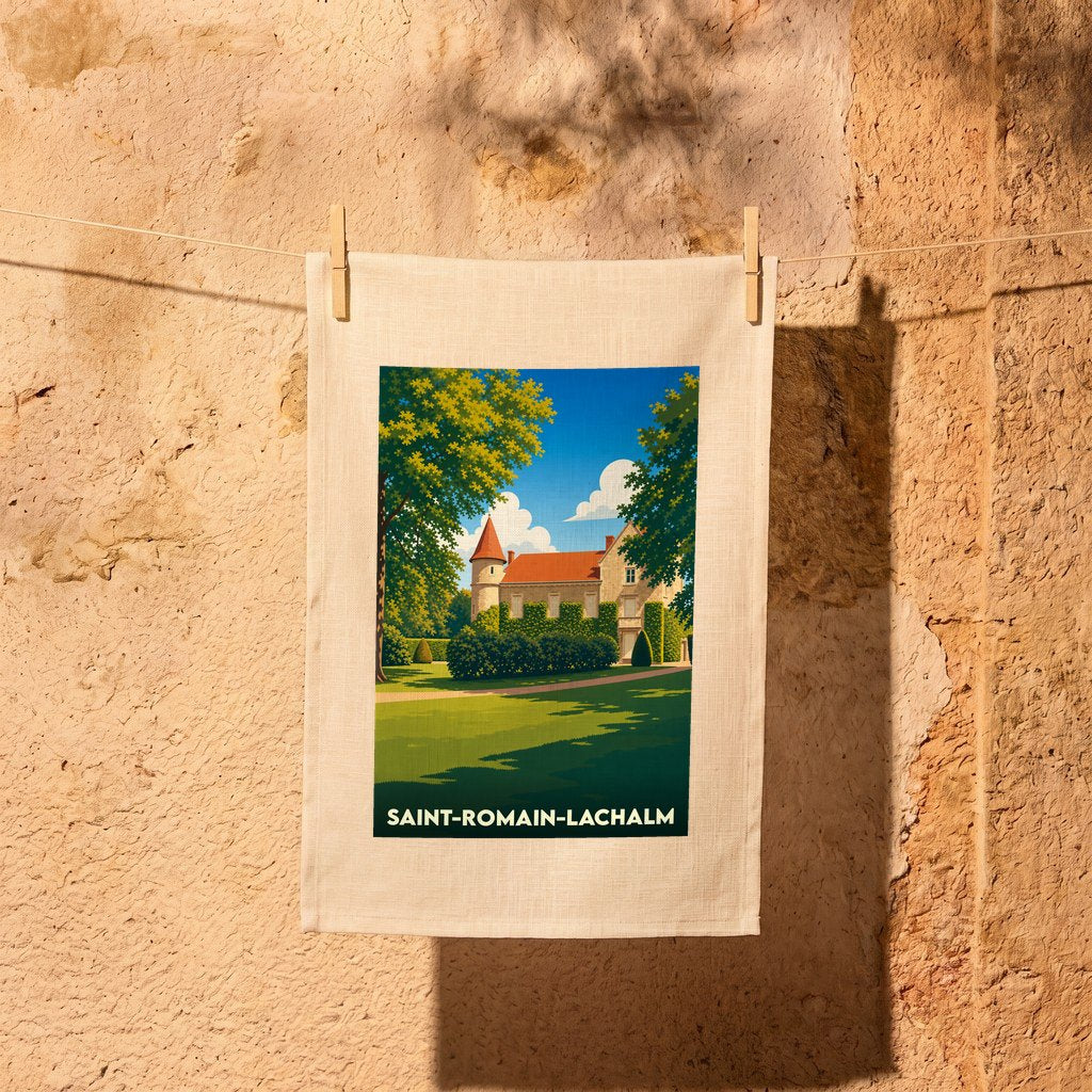 Torchon souvenir de la ville de Saint-Romain-Lachalm avec une illustration stylisée d'un château.