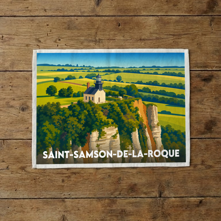 Torchon souvenir de la ville de Saint-Samson-de-la-Roque avec une illustration stylisée d'un phare au sommet d'une falaise.