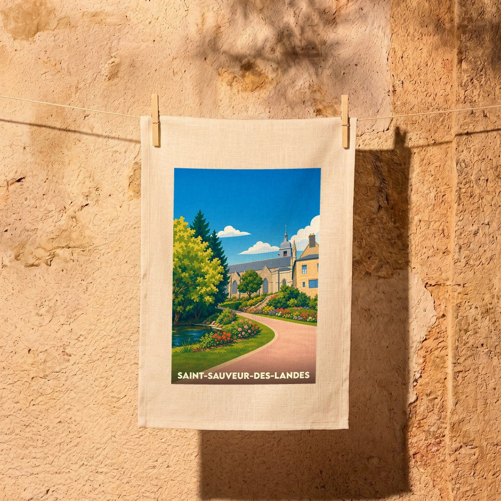 Torchon souvenir de la ville de Saint-Sauveur-des-Landes avec une illustration stylisée de son église et de son paysage.