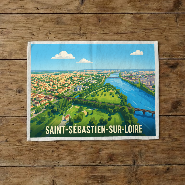 Torchon souvenir de la ville de Saint-Sébastien-sur-Loire avec une illustration stylisée.