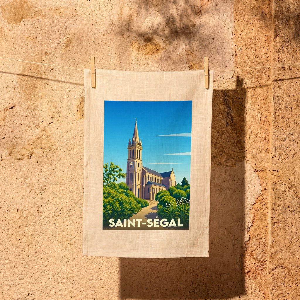 Torchon souvenir de la ville de Saint-Ségal orné d'une illustration stylisée de son église.