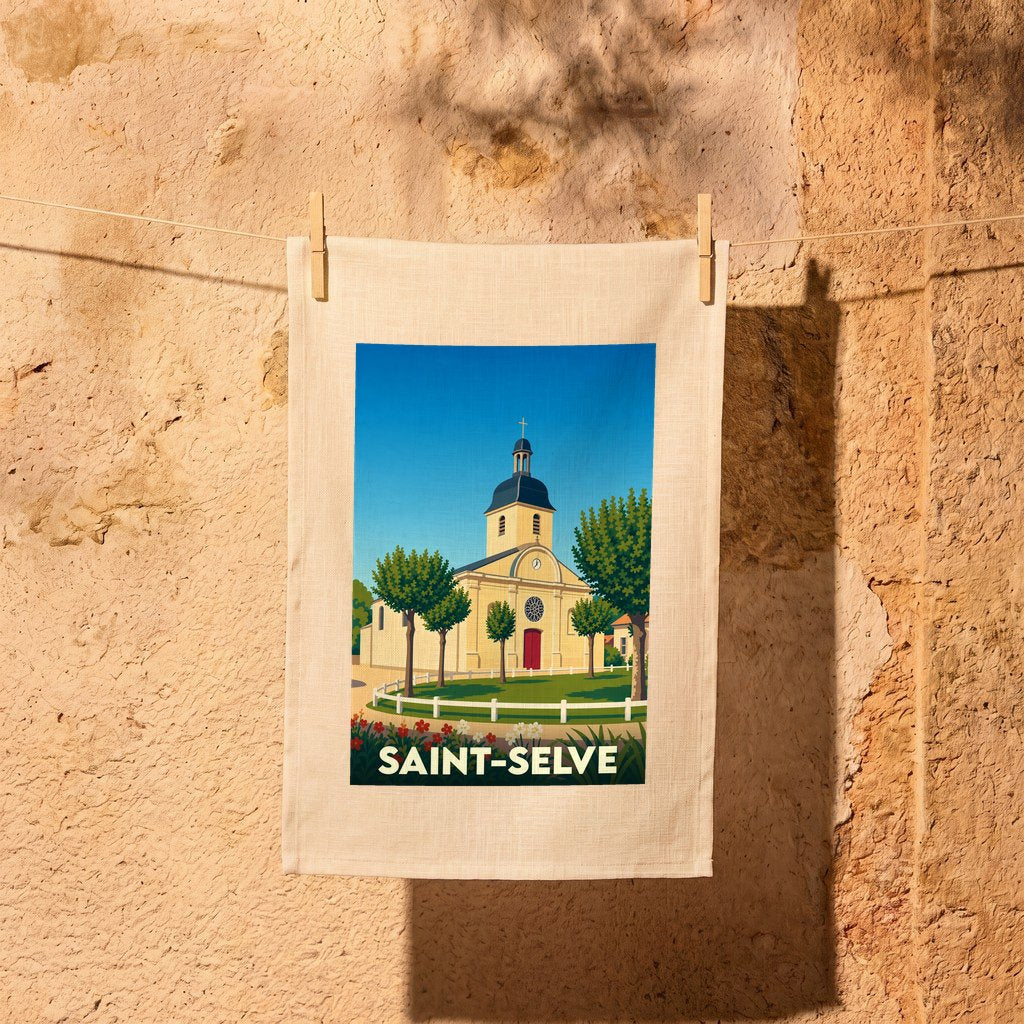 Torchon souvenir de la ville de Saint-Selve avec une illustration stylisée de son église.