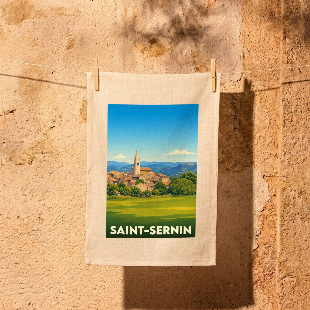 Torchon souvenir de la ville de Saint-Sernin avec une illustration stylisée de son clocher et de ses paysages.