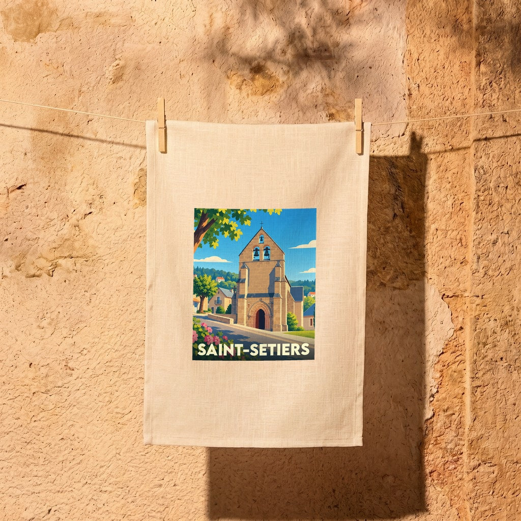 Torchon souvenir de la ville de Saint-Setiers illustré d'une église pittoresque dans un style vintage.