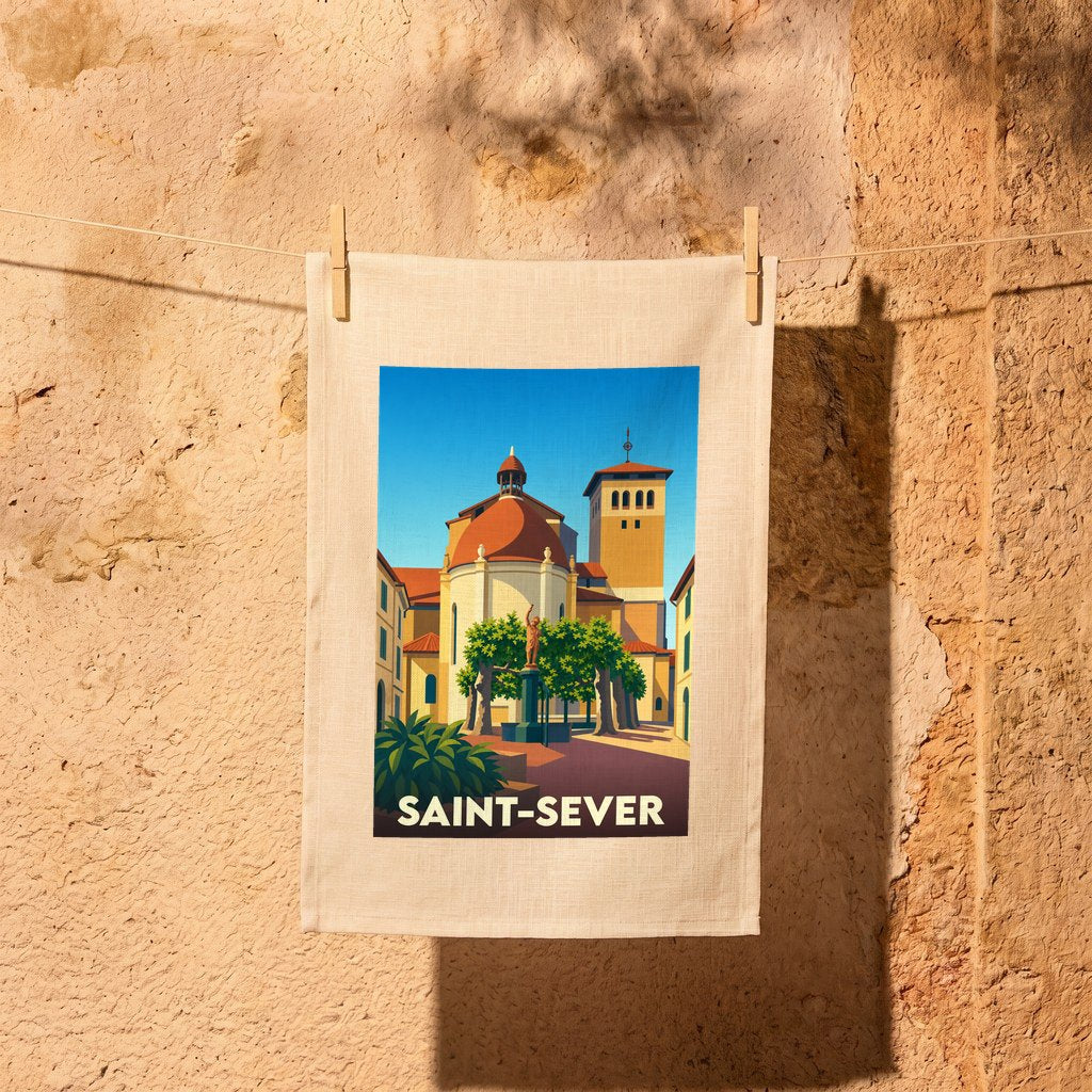 Torchon souvenir de la ville de Saint-Sever avec une illustration stylisée d'un monument historique sous un ciel bleu.