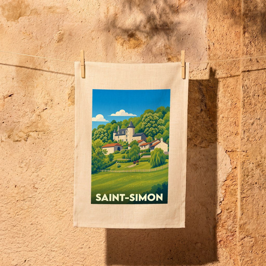 Torchon souvenir de la ville de Saint-Simon avec une illustration stylisée d'un paysage champêtre.