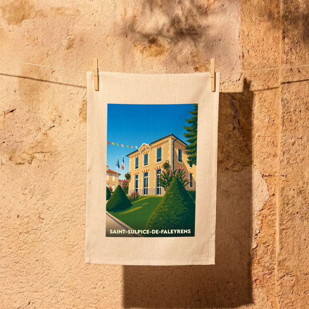 Torchon souvenir de la ville de Saint-Sulpice-de-Faleyrens avec une illustration stylisée de sa mairie.