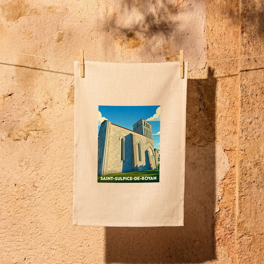 Torchon souvenir de la ville de Saint-Sulpice-de-Royan avec une illustration stylisée de son église romane.