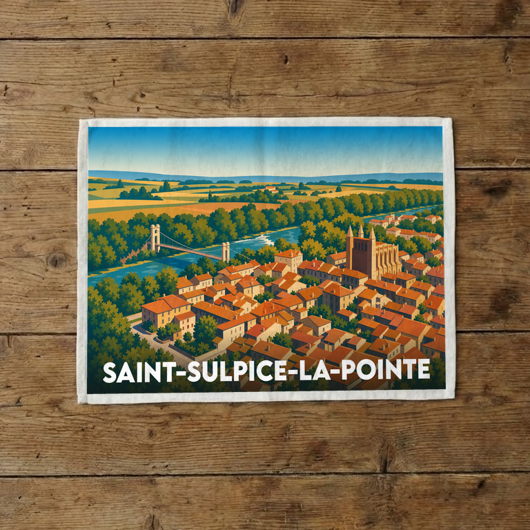 Torchon souvenir de la ville de Saint-Sulpice-la-Pointe avec une illustration colorée et stylisée.