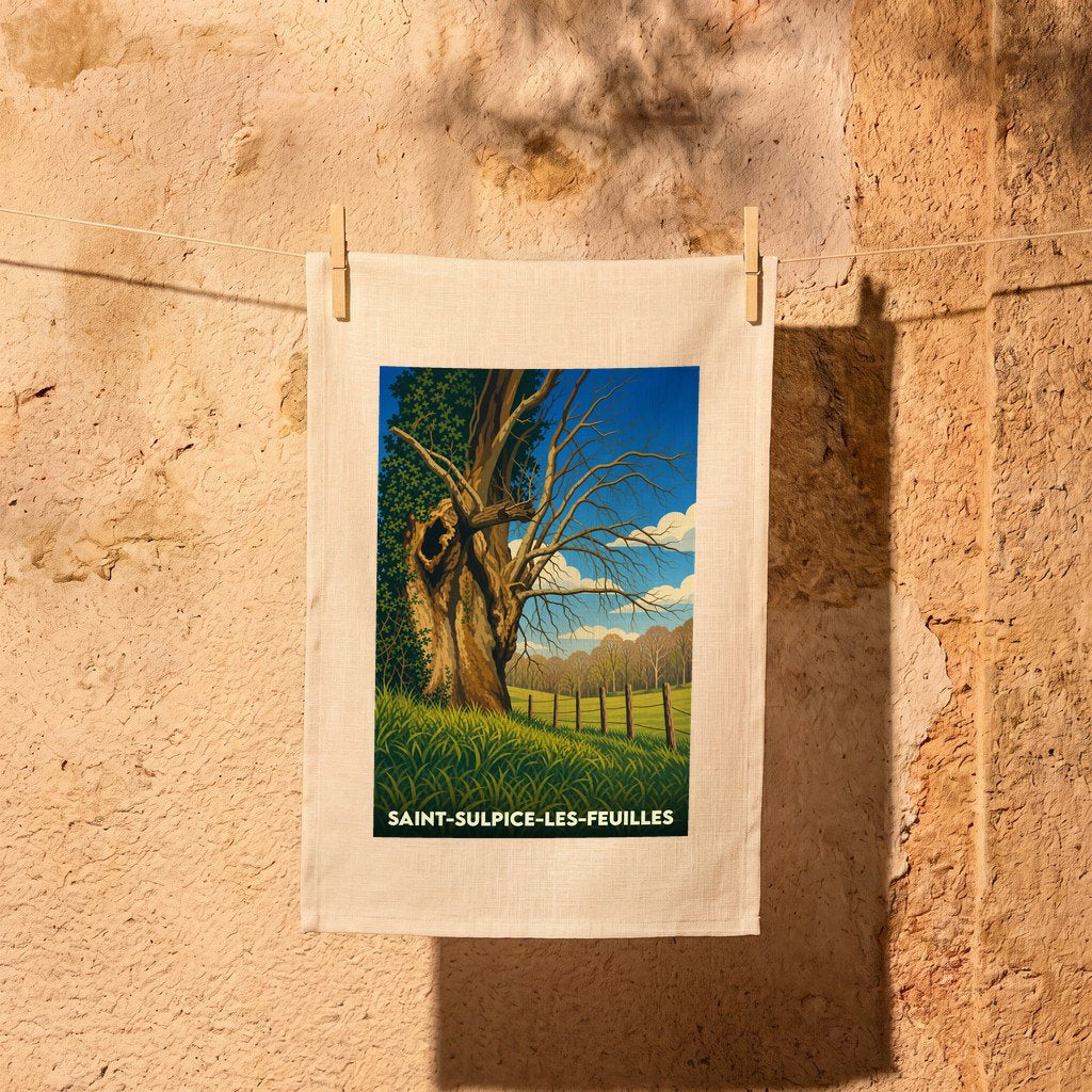 Torchon souvenir de la ville de Saint-Sulpice-les-Feuilles avec une illustration stylisée d'un arbre majestueux dans un paysage rural.