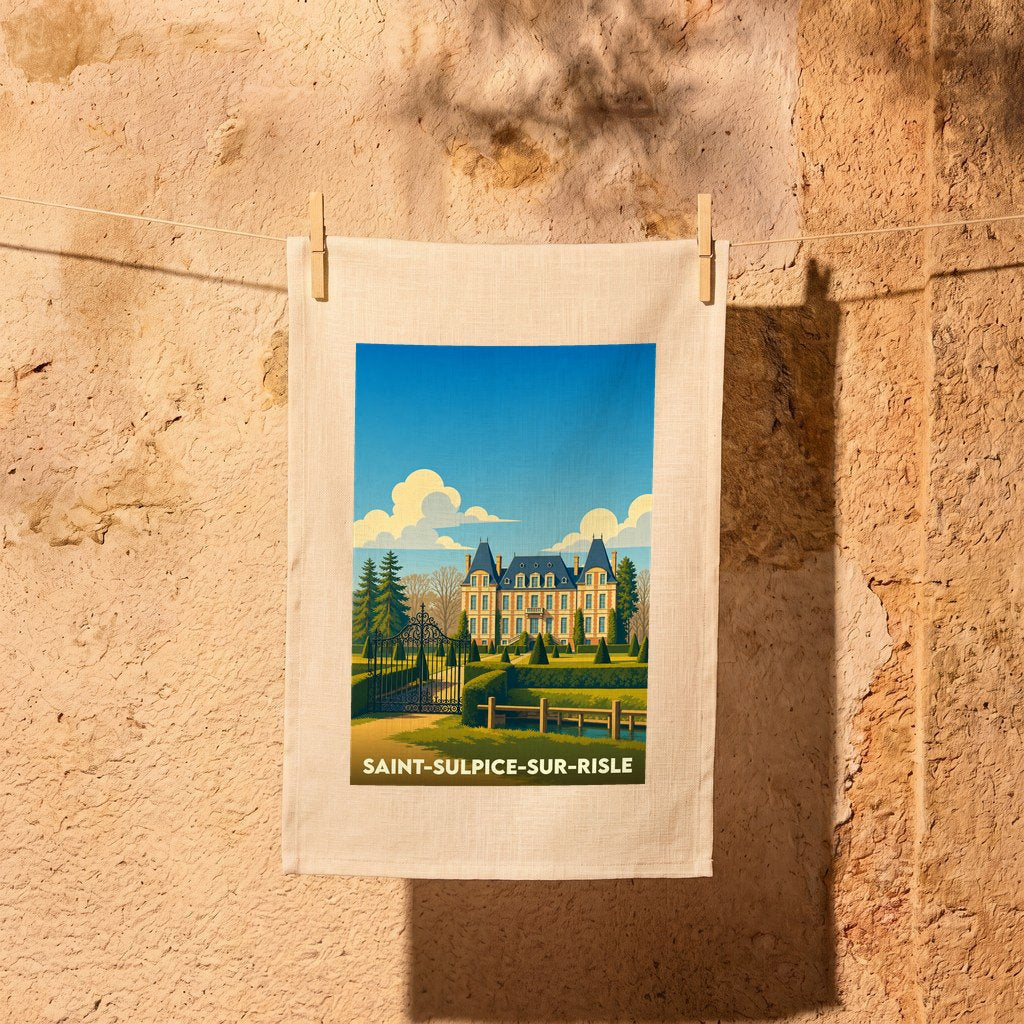 Torchon souvenir de la ville de Saint-Sulpice-sur-Risle avec une illustration stylisée de son château.