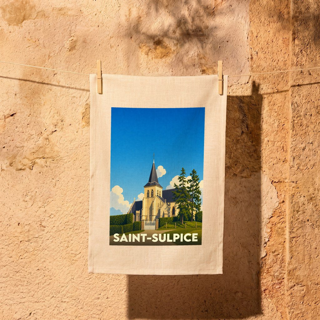 Torchon souvenir de la ville de Saint-Sulpice avec une illustration stylisée de son église.