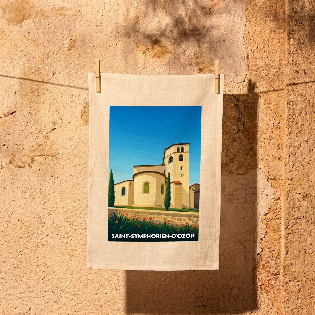 Torchon souvenir de Saint-Symphorien-d'Ozon avec une illustration stylisée de son église.