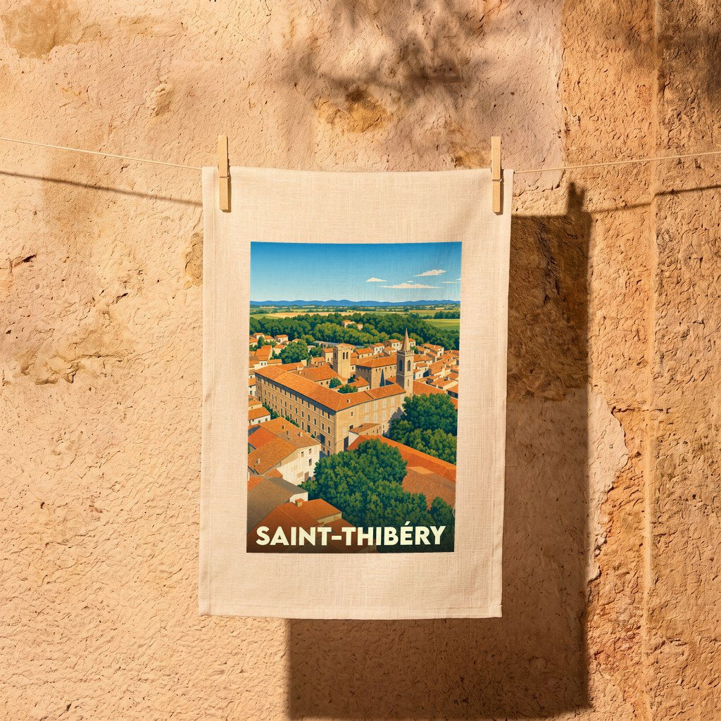 Torchon souvenir de la ville de Saint-Thibéry avec une illustration stylisée.