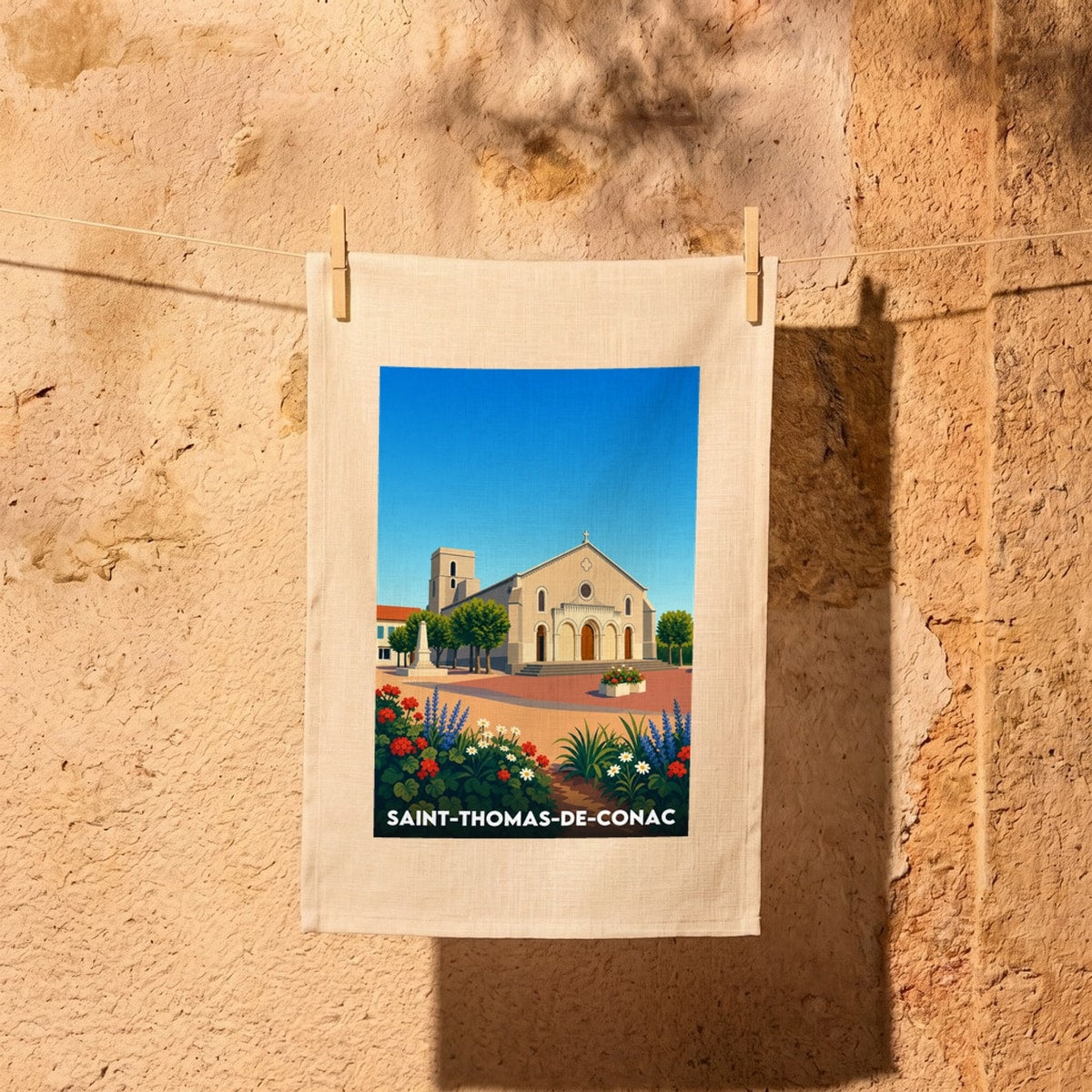 Torchon souvenir de la ville de Saint-Thomas-de-Conac avec une illustration stylisée de son église.