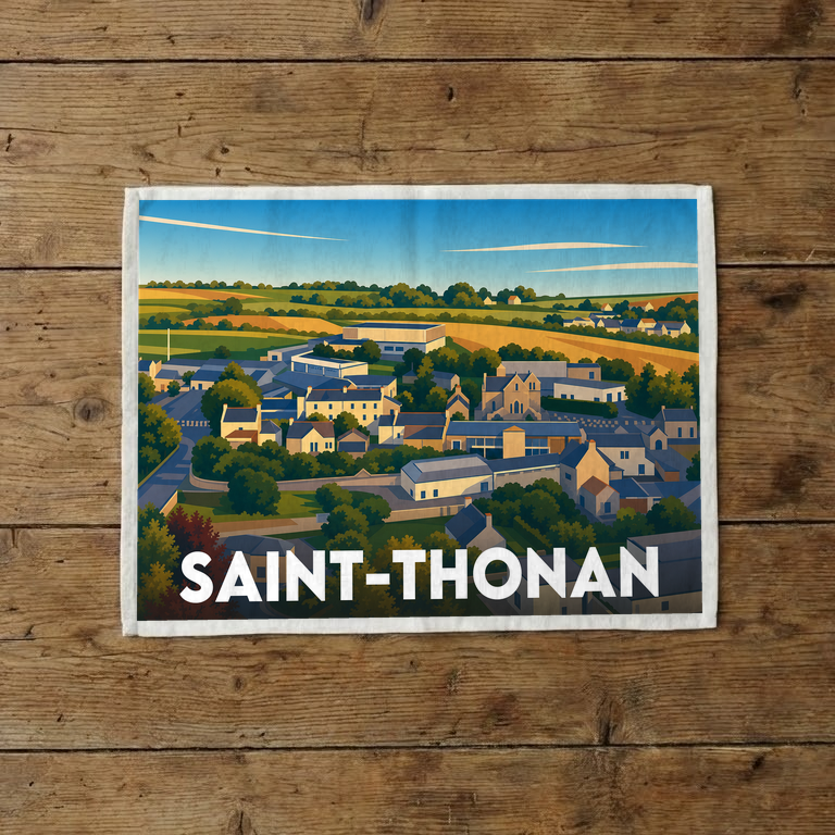 Torchon souvenir de la ville de Saint-Thonan avec une illustration stylisée du village.