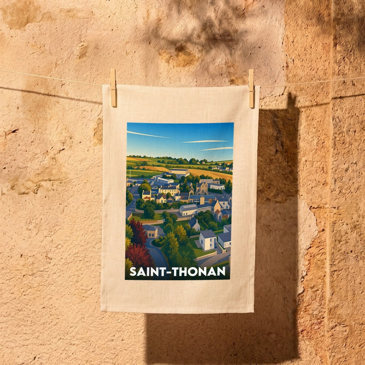 Torchon souvenir de la ville de Saint-Thonan avec une illustration stylisée du village.