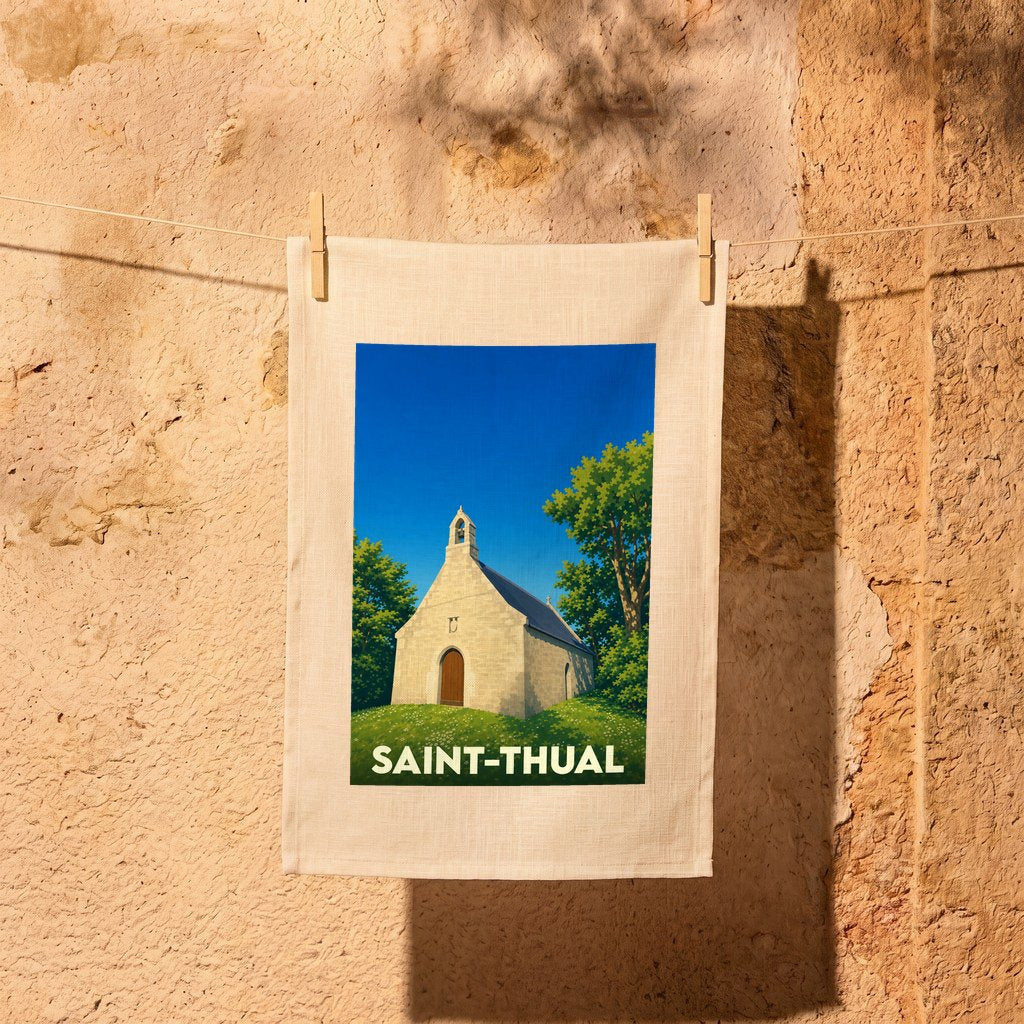 Torchon souvenir de la ville de Saint-Thual avec une illustration stylisée d'une chapelle sous un ciel bleu.