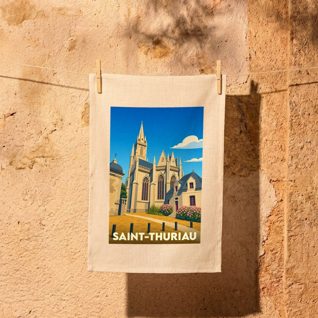 Torchon souvenir de la ville de Saint-Thuriau avec une illustration stylisée de son église.