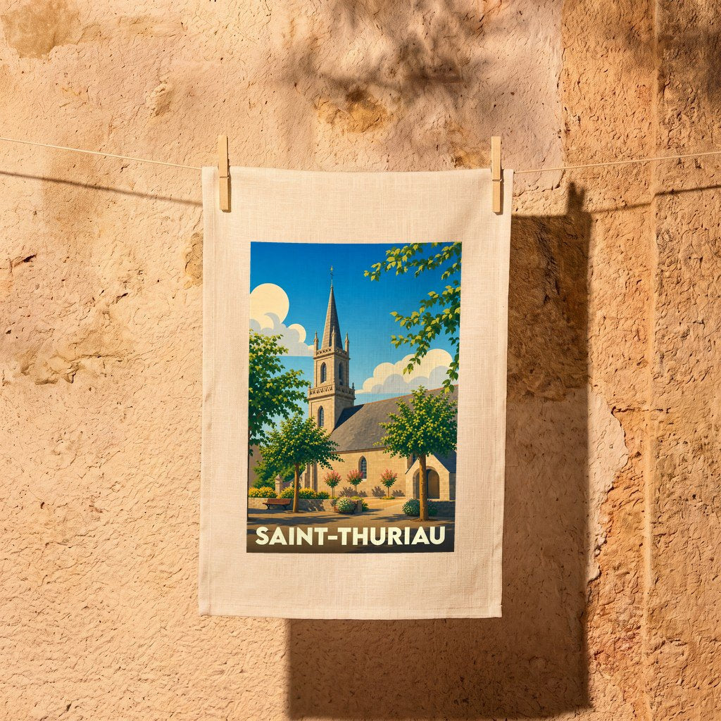Torchon souvenir de la ville de Saint-Thuriau avec une illustration stylisée de son église.