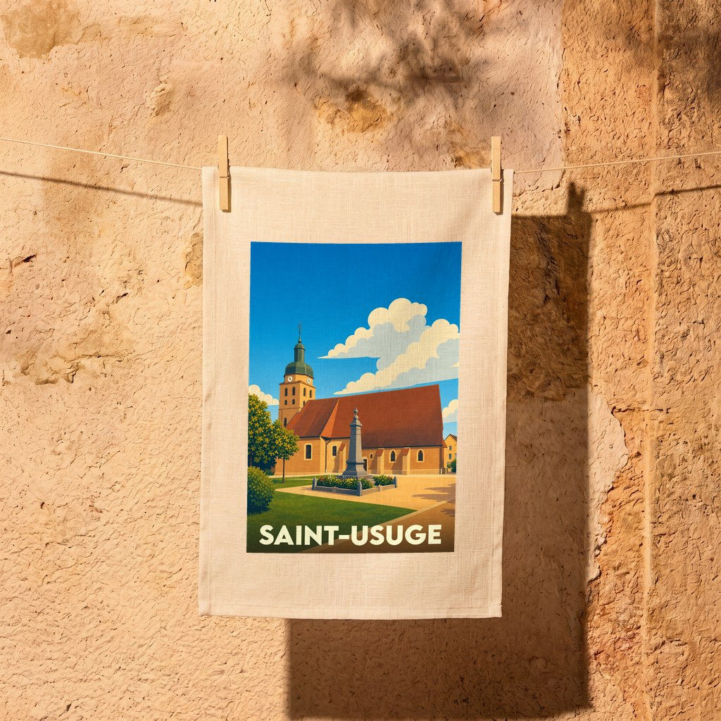 Torchon souvenir de la ville de Saint-Usuge illustré d'un dessin stylisé de son église.