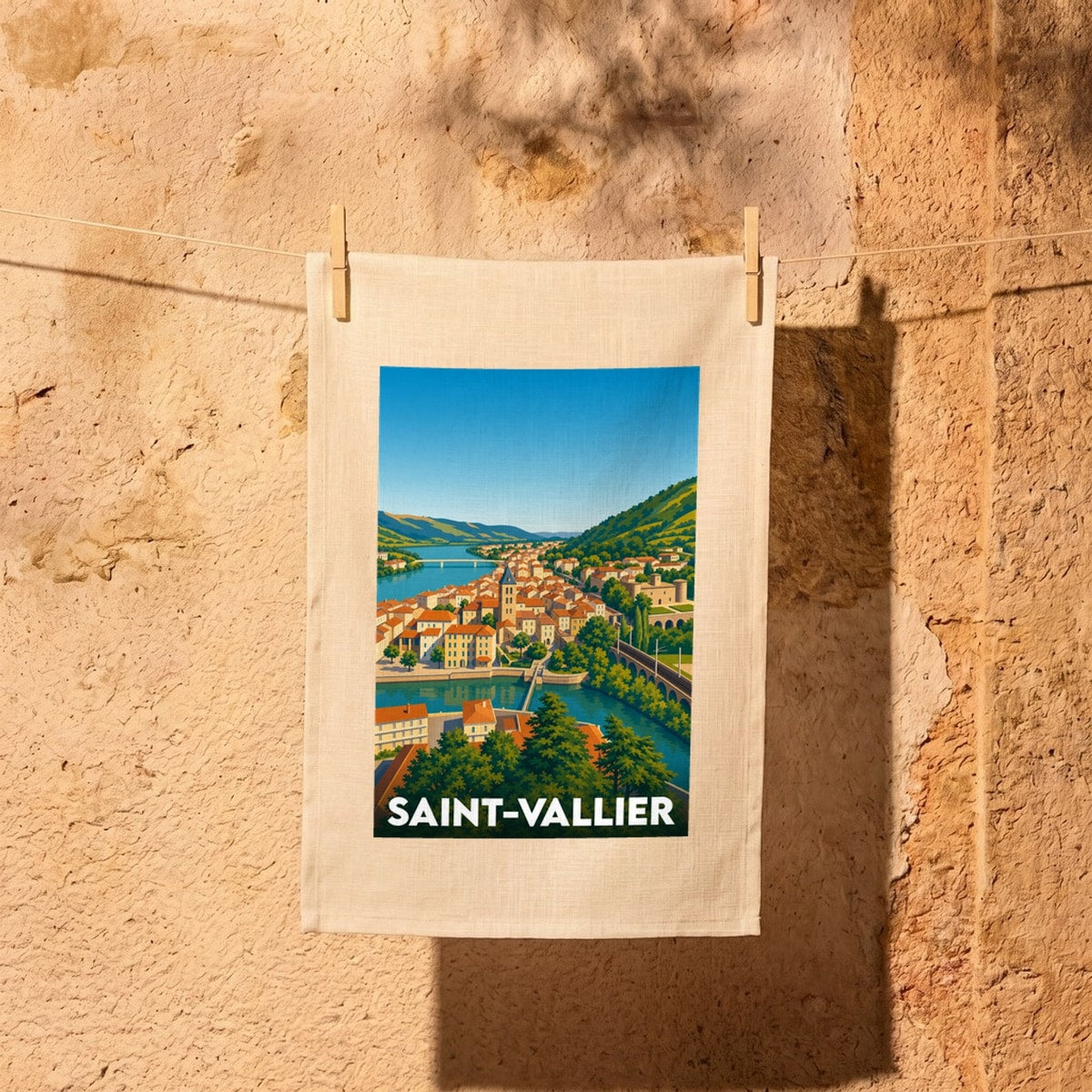 Torchon souvenir de la ville de Saint-Vallier illustré d'un paysage panoramique coloré entre fleuve et collines.