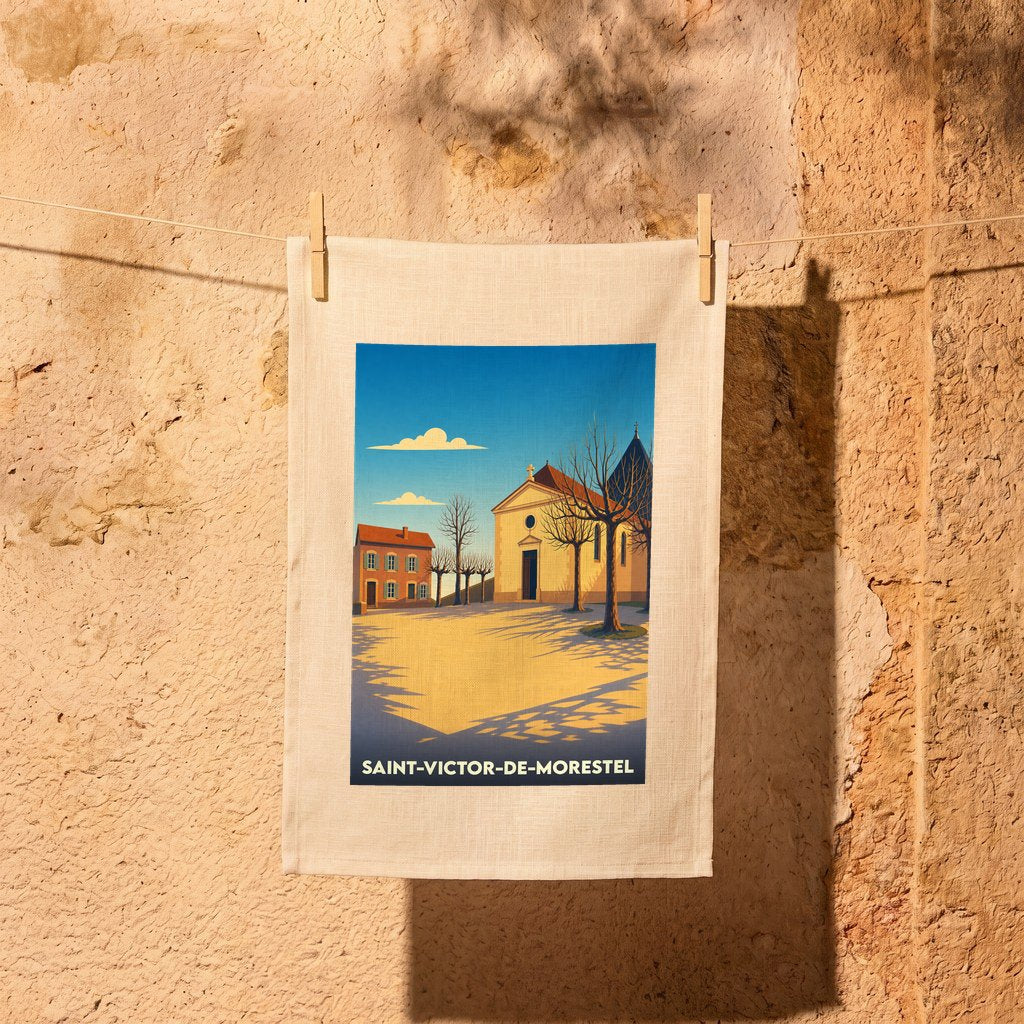 Torchon souvenir de Saint-Victor-de-Morestel avec une illustration stylisée représentant l'église et la place du village.