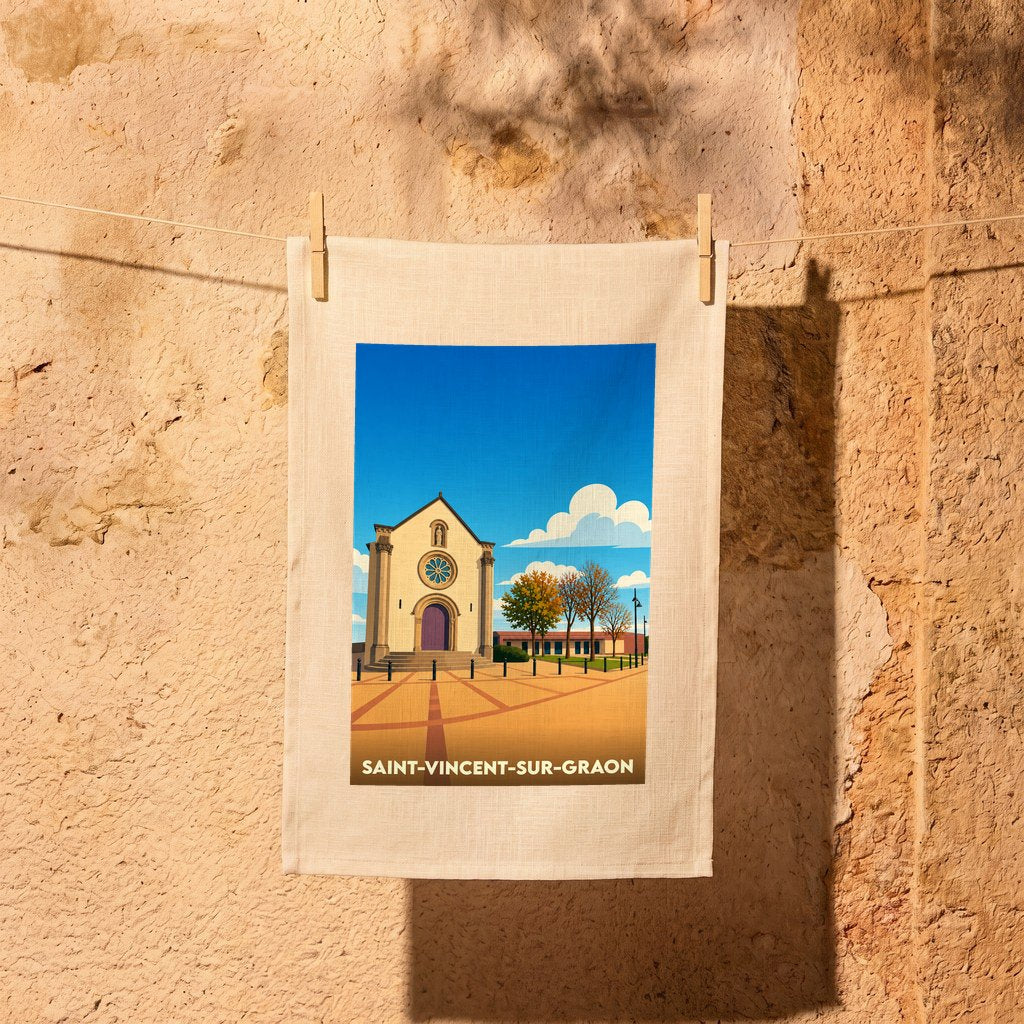 Torchon souvenir de Saint-Vincent-sur-Graon avec une illustration stylisée de son église sous un ciel bleu.
