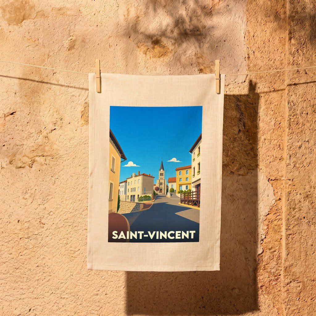Torchon souvenir de la ville de Saint-Vincent avec une illustration stylisée d'une rue ensoleillée menant au clocher.