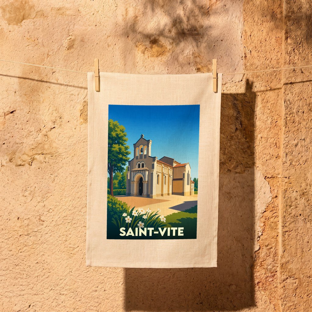 Torchon souvenir de la ville de Saint-Vite illustré d'une église sous un ciel bleu.