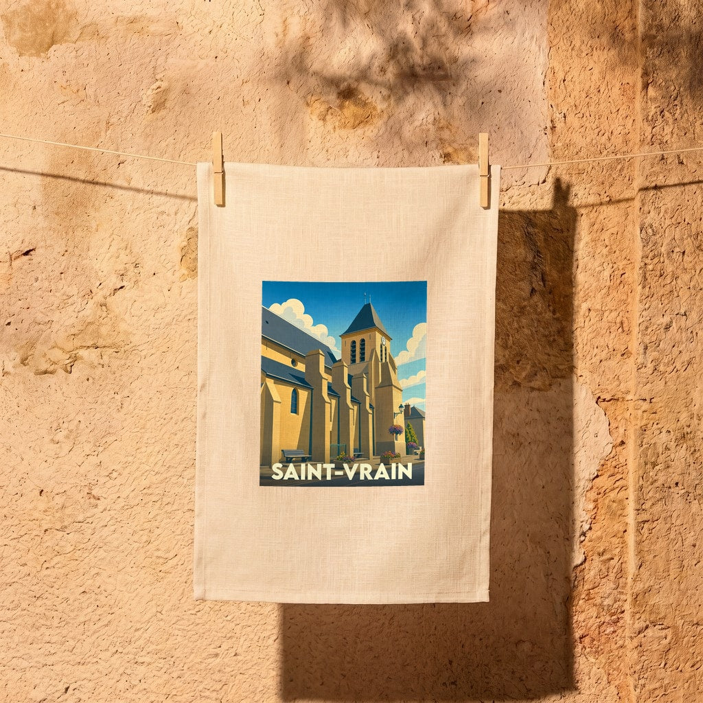Torchon souvenir de la ville de Saint-Vrain avec une illustration stylisée de son église.