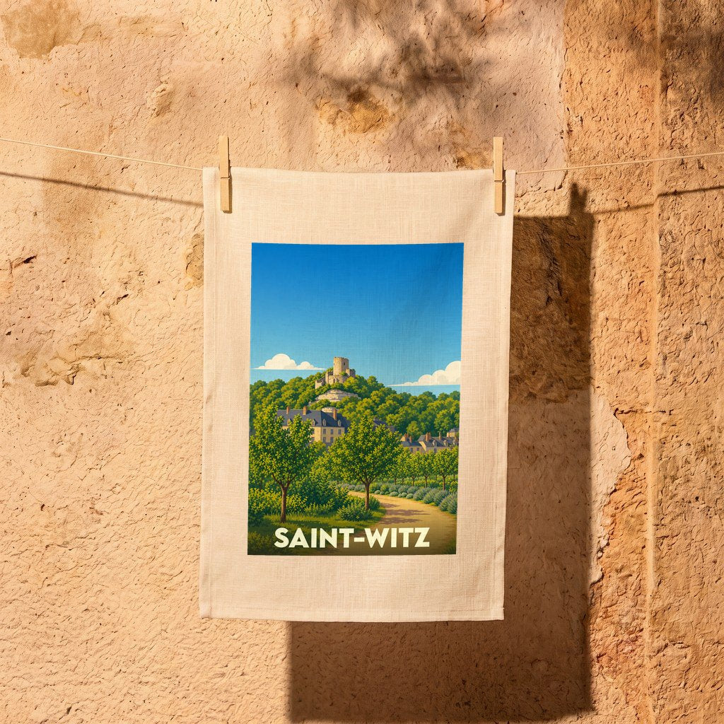 Torchon souvenir de la ville de Saint-Witz avec une illustration stylisée de son paysage et de son château.