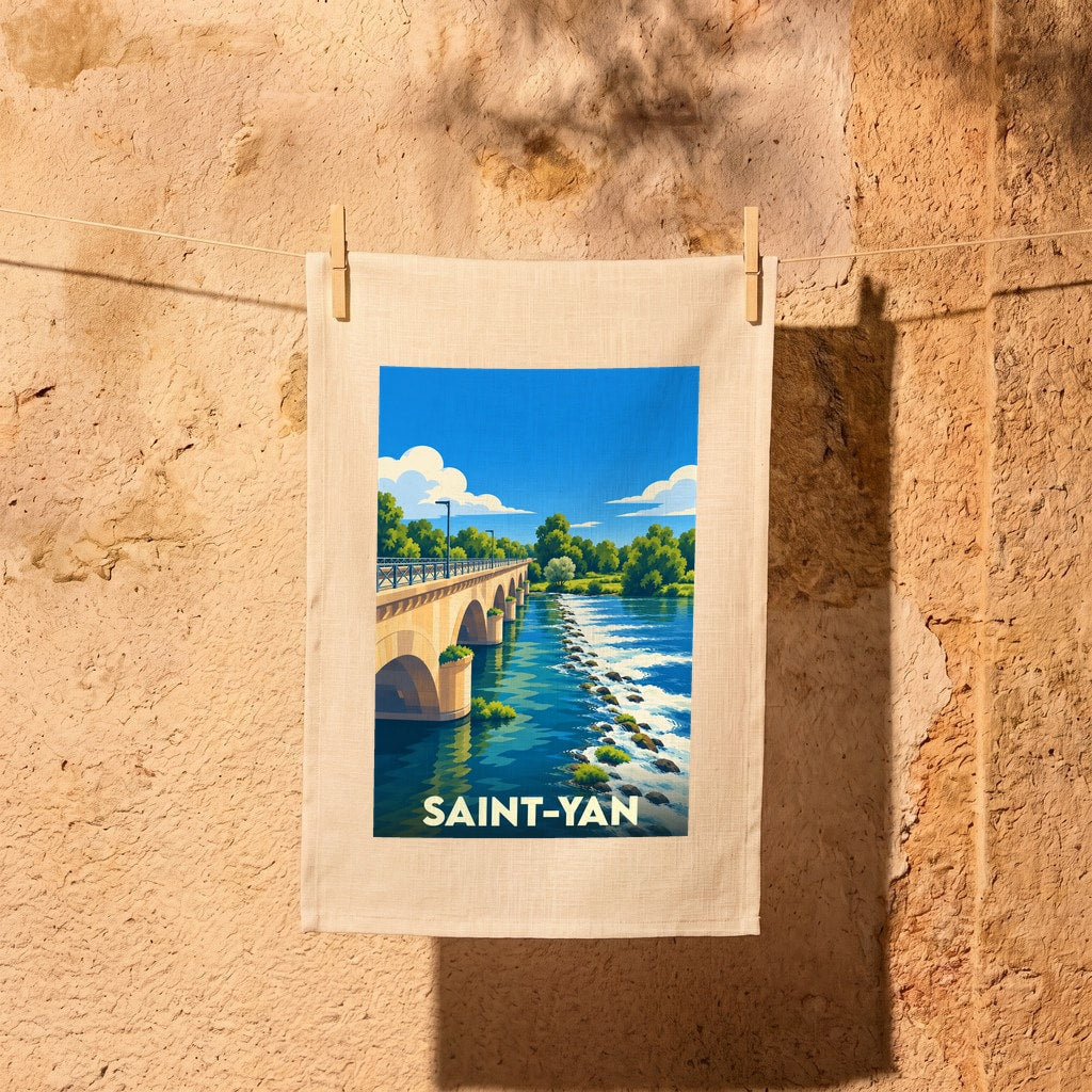 Torchon souvenir de la ville de Saint-Yan avec une illustration stylisée d'un pont et d'une rivière.