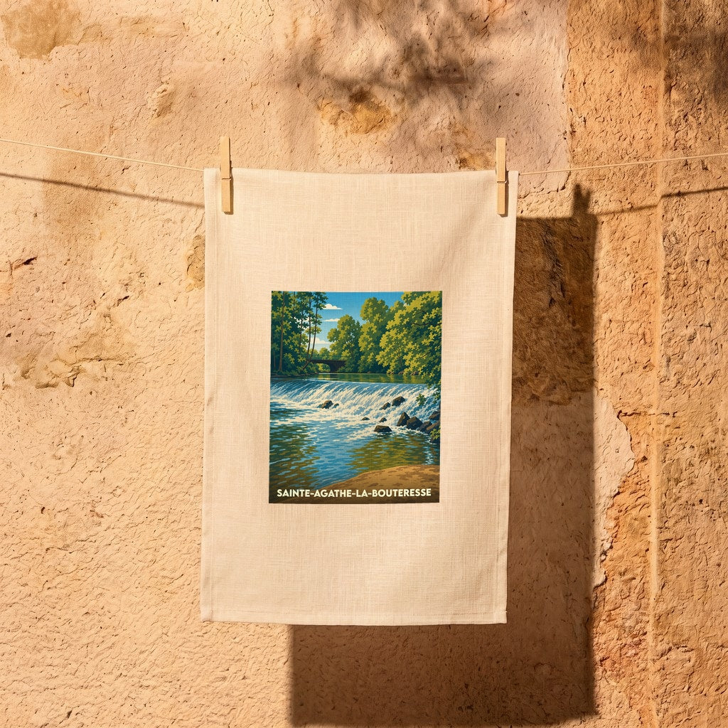 Torchon souvenir de la ville de Sainte-Agathe-la-Bouteresse avec une illustration stylisée d'un paysage de rivière.