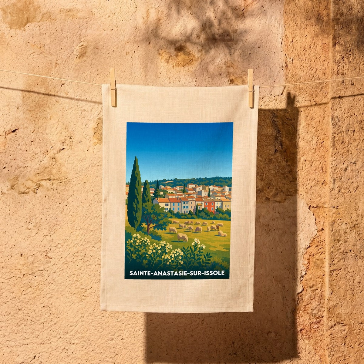 Torchon souvenir de la ville de Sainte-Anastasie-sur-Issole avec une illustration colorée d'un paysage provençal.