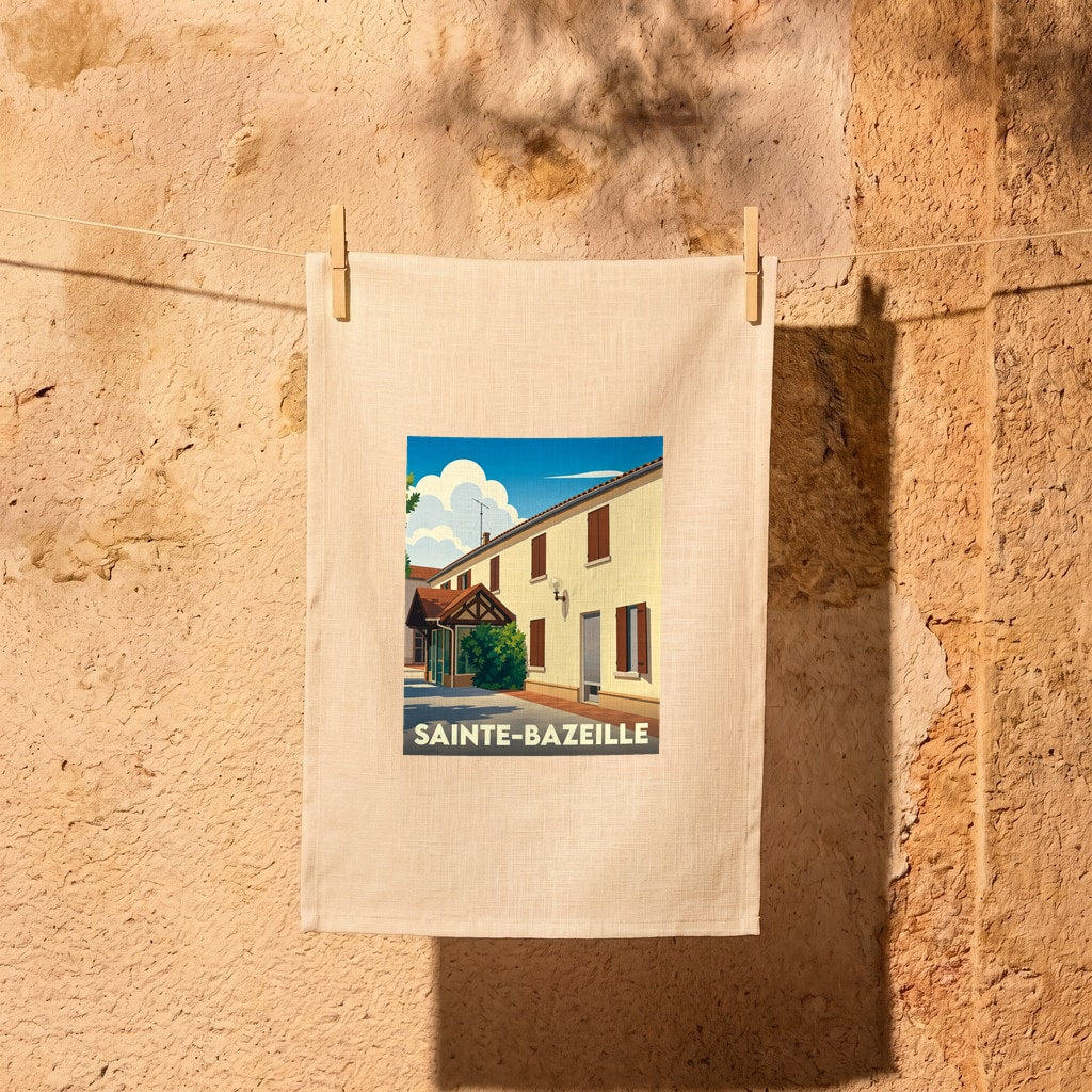 Torchon souvenir de la ville de Sainte-Bazeille avec une illustration stylisée d'un bâtiment sous un ciel bleu.