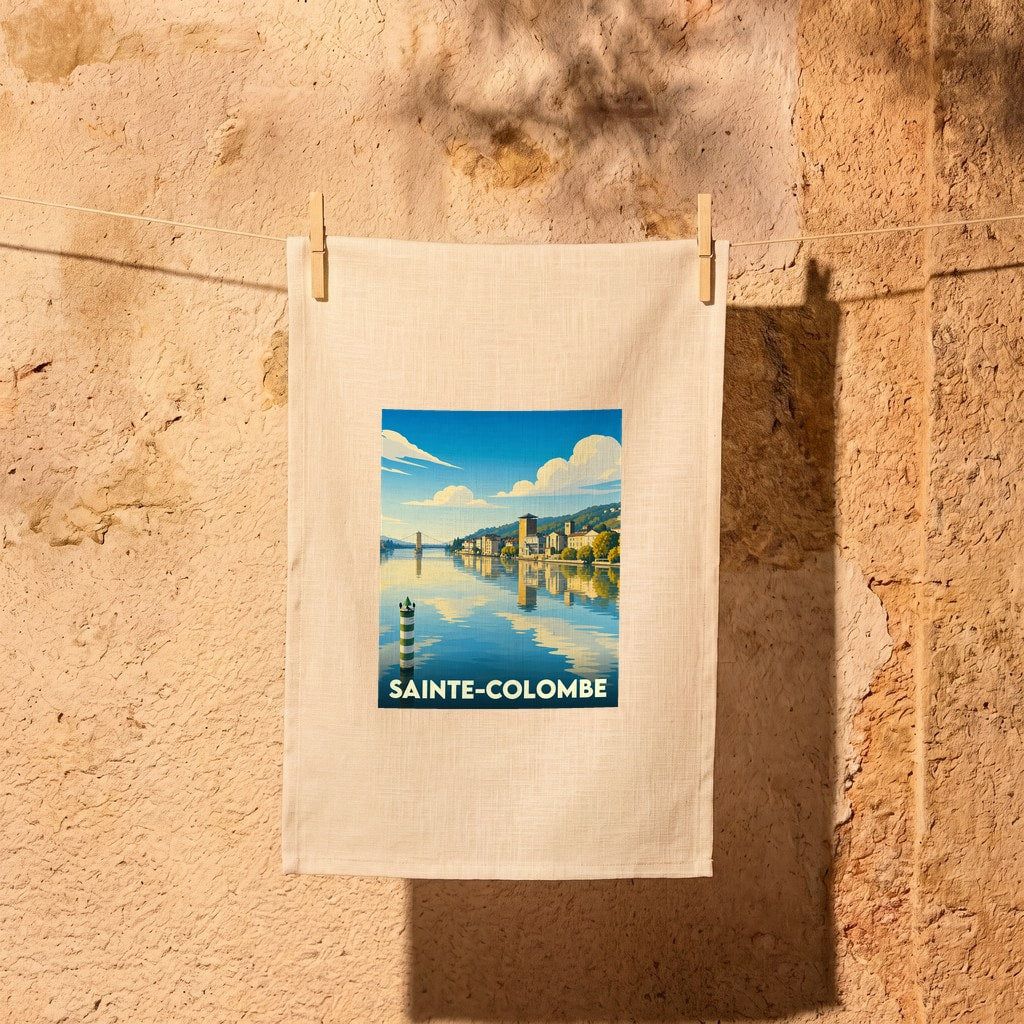 Torchon souvenir de la ville de Sainte-Colombe avec une illustration stylisée d'un paysage fluvial.
