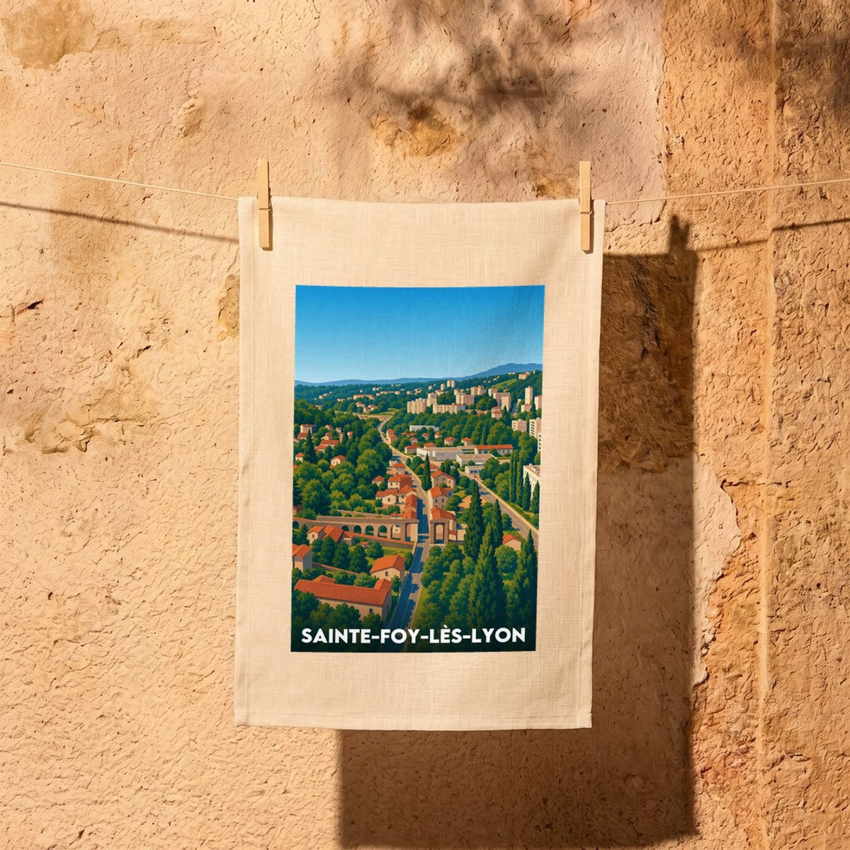 Torchon souvenir de la ville de Sainte-Foy-lès-Lyon avec une illustration stylisée.
