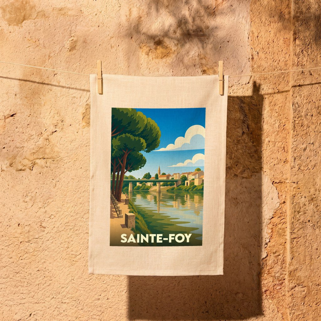 Torchon souvenir de la ville de Sainte-Foy avec une illustration stylisée d'un paysage fluvial.