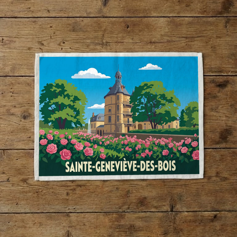 Torchon souvenir de la ville de Sainte-Geneviève-des-Bois avec une illustration stylisée de son château et de roses.