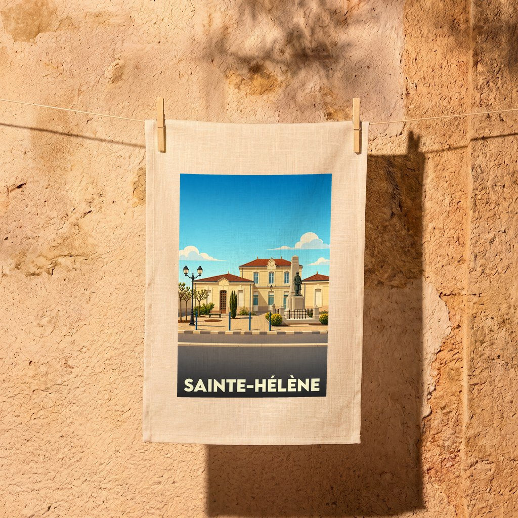 Torchon souvenir de la ville de Sainte-Hélène avec une illustration stylisée.