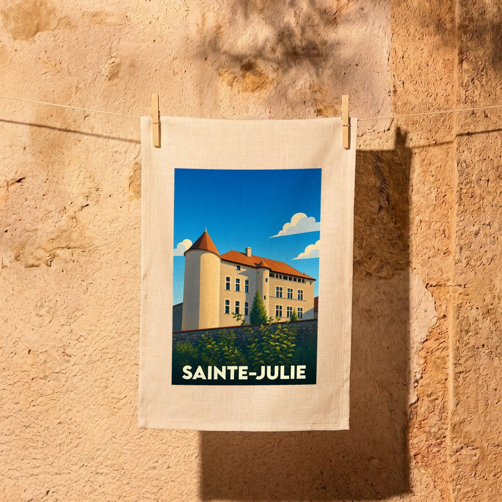 Torchon souvenir de la ville de Sainte-Julie avec une illustration stylisée d'un château.