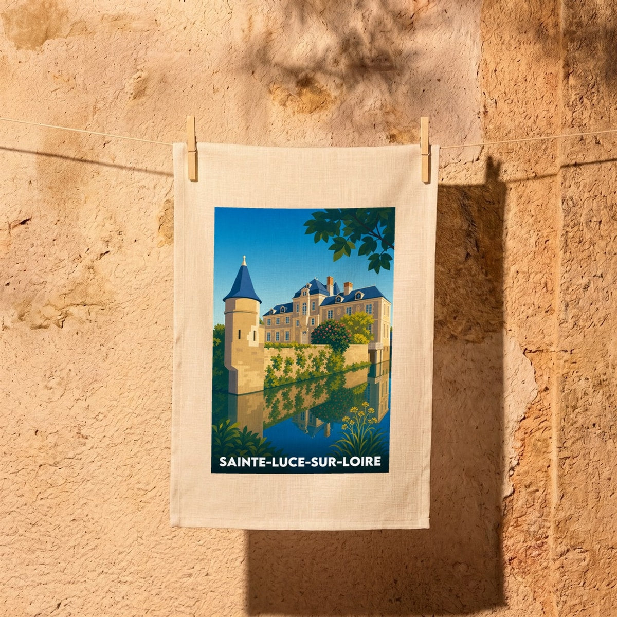 Torchon souvenir de la ville de Sainte-Luce-sur-Loire avec une illustration stylisée de son château.