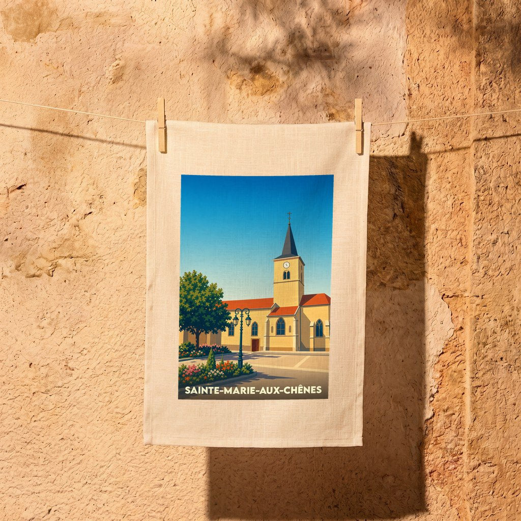 Torchon souvenir de la ville de Sainte-Marie-aux-Chênes avec une illustration stylisée de son église.