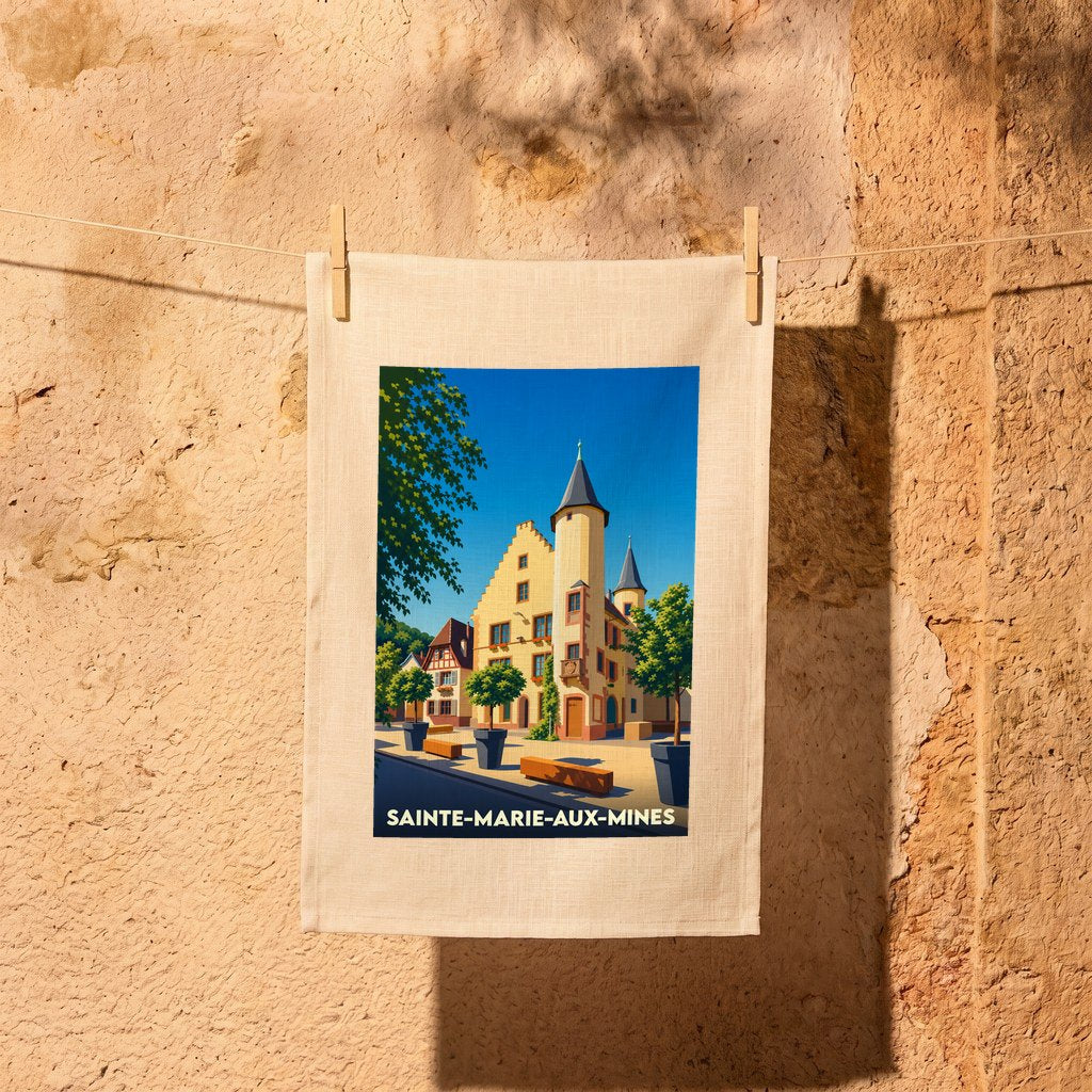 Torchon souvenir de Sainte-Marie-aux-Mines orné d'une illustration colorée et stylisée de la ville.
