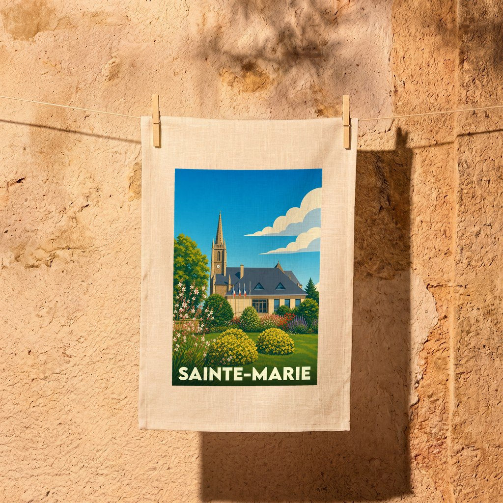 Torchon souvenir de la ville de Sainte-Marie avec une illustration stylisée.