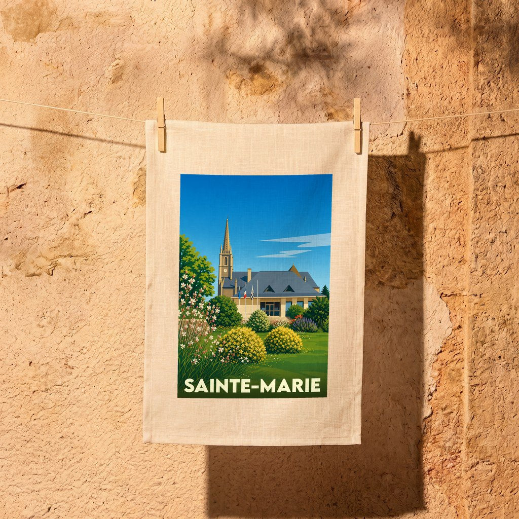 Torchon souvenir de la ville de Sainte-Marie avec une illustration stylisée.
