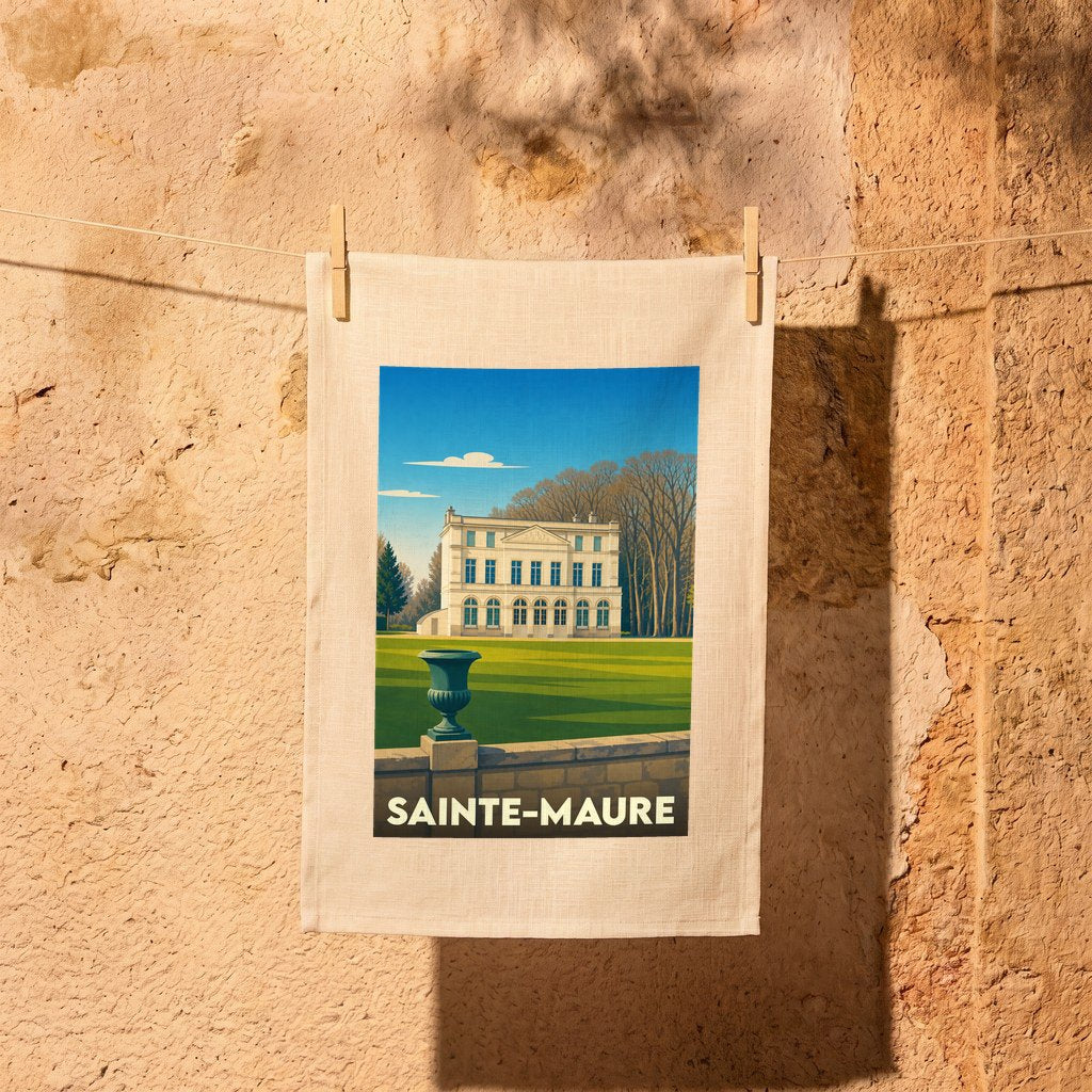 Torchon souvenir de la ville de Sainte-Maure avec une illustration stylisée d'une demeure bourgeoise.